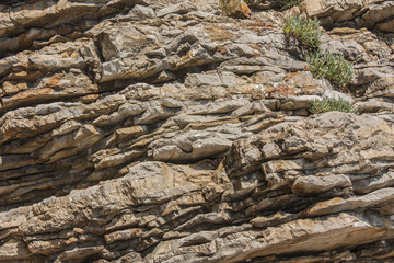 Cliff of rock mountain. Texture of the rock. Close-up.  Surface of the rock, stone background and texture.