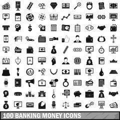 100 banking money icons set, simple style 