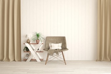 White inspiration of minimalist room with armchair. Scandinavian interior design. 3D illustration