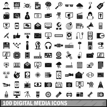 100 digital media icons set, simple style 