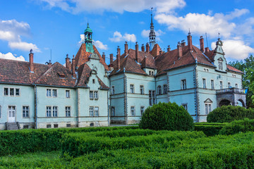 Fototapeta na wymiar View of Shenborn castle (Beregvar, 1890 - 1895) in Carpaty Village, Western Ukraine, Europe. Shenborn castle - the former residence and the hunting house of the Counts of Schonborn.