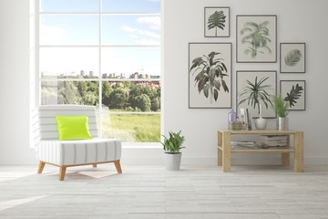 White natural room with armchair and summer landscape in window. Scandinavian interior design. 3D illustration