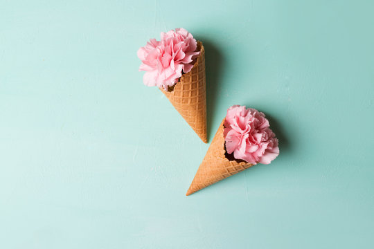 Fototapeta Pink carnations on a blue background. Flowers. Copyspace. Flower photo concept. Flowers in waffle cones