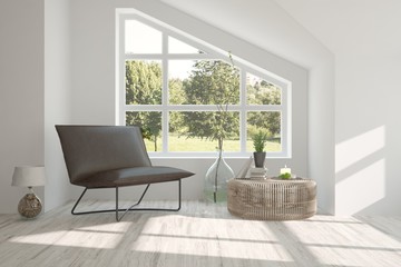 Idea of white room with armchair and summer landscape in window. Scandinavian interior design. 3D illustration