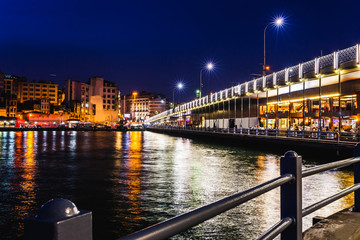 Landscape view of night city near of Galata Bridge, Istanbul, Turkey. Panoramic seaview on Golden Horn Bay in blue hour. Famous tourist and islam east destination