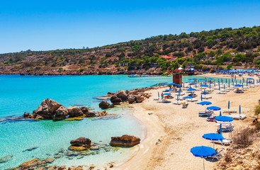 Beautiful landscape near of Nissi beach and Cavo Greco in Ayia Napa, Cyprus island, Mediterranean Sea. Amazing blue green sea and sunny day. © oleg_p_100