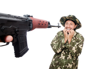 Fototapeta premium Soldier with weapons isolated on white