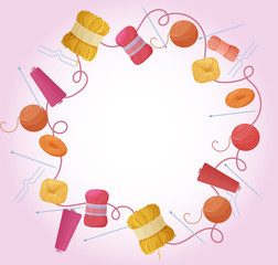 Handmade or knitting background with frame of yarn skeins, knitting tools, and needlework hobby accessories and craft icons isolated in flat style vector illustration