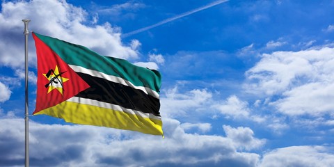Mozambique waving flag on blue sky. 3d illustration