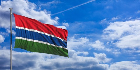 Gambia waving flag on blue sky. 3d illustration