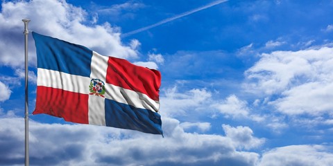 Dominican Republic waving flag on blue sky. 3d illustration