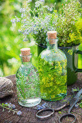 Bottles of tincture or infusion of healing herbs, medicinal herbs in green enameled mug on old stump outdoors. Herbal medicine concept.