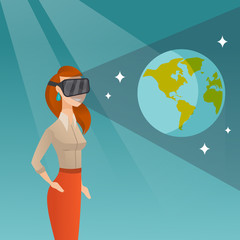 Young woman in vr headset getting in open space.
