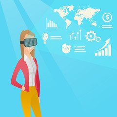 Young woman in vr headset analyzing virtual data.