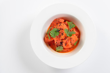 Traditional recipe for tomatoes in Korean. The concept of the menu. On a white background.