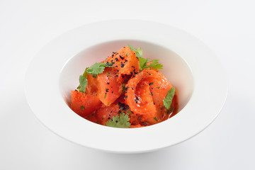 Traditional recipe for tomatoes in Korean. The concept of the menu. On a white background.