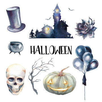 Watercolor Halloween set. Hand drawn holiday icons isolated on white background. Retro scary house, pumpkin, skull, vampire hat, black air balloons, succulent and tree branch