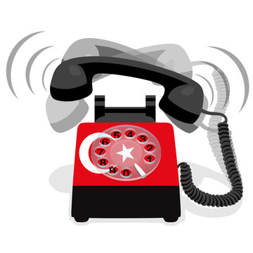 Ringing black stationary phone with flag of Turkey. Vector illustration.