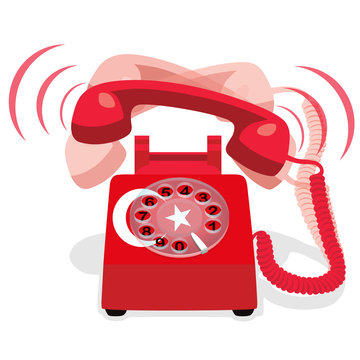 Ringing red stationary phone with flag of Turkey. Vector illustration.