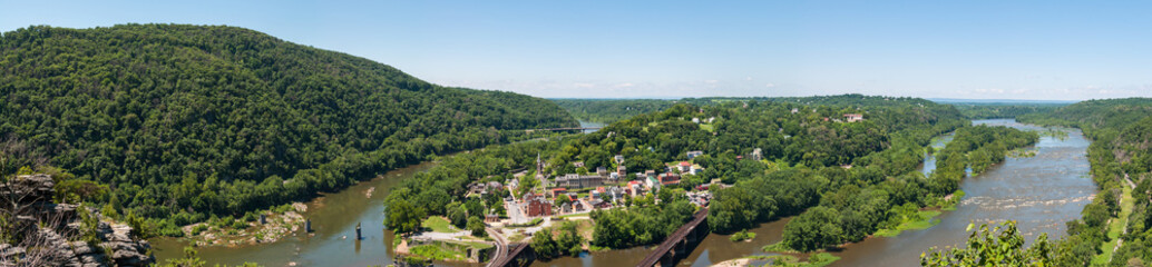 Fototapeta na wymiar Wide Panorama Overlooking Harpers Ferry, West Virginia from Maryland Heights