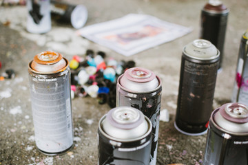 Aerosol spray bottles on the asphalt © sashafolly