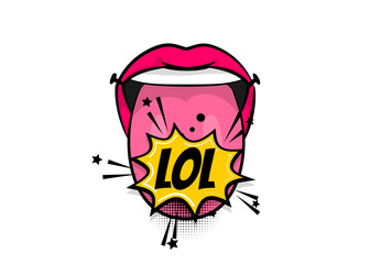 Pop art woman show tongue smile lips girl power, wow. Comics book balloon. Bubble speech phrase. Cartoon girl lipstick font label tag expression. Comic text sound effects. Vector illustration.
