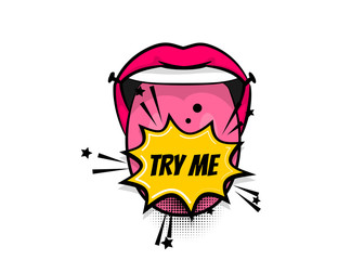 Pop art woman show tongue smile lips girl power, wow. Comics book balloon. Bubble speech phrase. Cartoon girl lipstick font label tag expression. Comic text sound effects. Vector illustration.