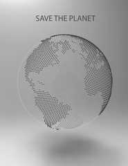 3D abstract planet, dots, representing the global, international meaning. Vector Earth. Save the Planet. North America, Africa and Atlantic Ocean