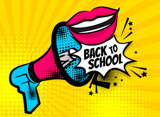 Pop art megaphone pink woman smile lips back to school. Comics book balloon. Bubble icon speech phrase. Cartoon girl lipstick font label tag expression. Comic text sound effects. Vector illustration.
