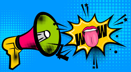 Pop art megaphone woman smile lips show tongue, wow. Comics book balloon. Bubble icon speech phrase. Cartoon girl lipstick font label tag expression. Comic text sound effects. Vector illustration.