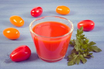 Vintage photo, Tomato juice with vegetables, concept of healthy nutrition