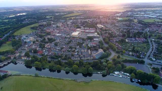 British Town by the River at Sunset Aerial View