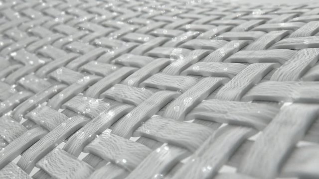 A close microscopic pan render of a simple woven fabric waving and distorting with soap bubbles emanating from it on a white background