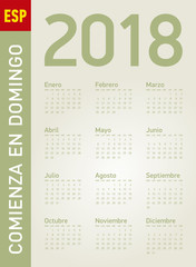 Simple Calendar for year 2018, in vectors. In Spanish. Week starts on Sunday.