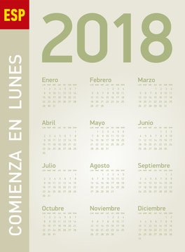 Simple Calendar for year 2018, in vectors. In Spanish. Week starts on Monday.
