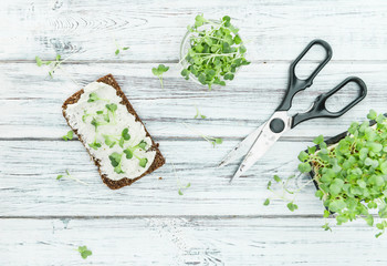 Wooden table with healthy food (slice of bread, cream cheese and fresh cutted cress)