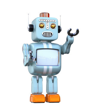 Cute retro robot isolated on white background. 3D rendering image with clipping path.