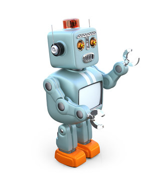 Cute retro robot isolated on white background. 3D rendering image with clipping path.