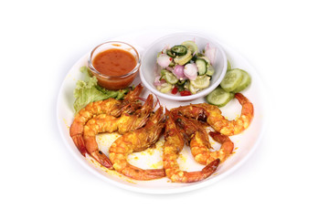 Charcoal boiled ,Prawn satay served with side disk.