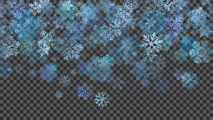 Fototapeta na wymiar Christmas background of translucent falling snowflakes
