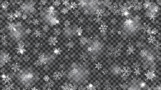 Christmas background of translucent falling snowflakes