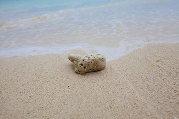 Abstract background of coral on sandy beach with soft waves and beach waves.