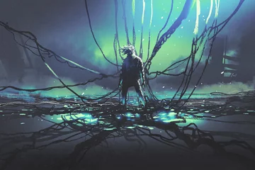 Foto op Plexiglas scene of futuristic man with many black cables against dark factory, digital art style, illustration painting © grandfailure