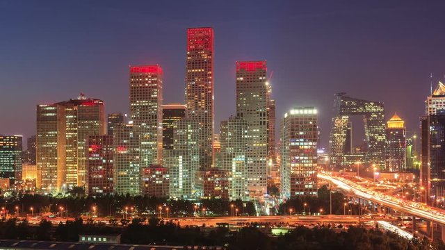 Panning Shot:Beijing Central Business District(CBD), Day to Night, Time-Lapse.