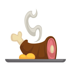 Meat steak or pork knuckle dish with garnish on plate vector flat icon