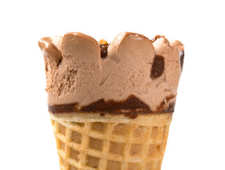chocolate flavor ice cream cone close up on a white background