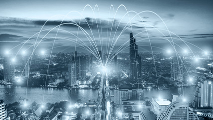 Business networking connection concept and Wi-Fi in city.Technology communication.Background blur building in the capital.