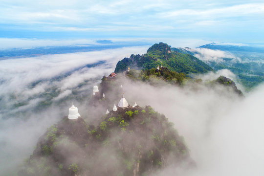 Fog on the Mountain.Wat Mongkut Memorial Rachanusorn a public temple on the hill. The wonderful thing is beautiful. It is located in Lampang, Thailand.Nature background.