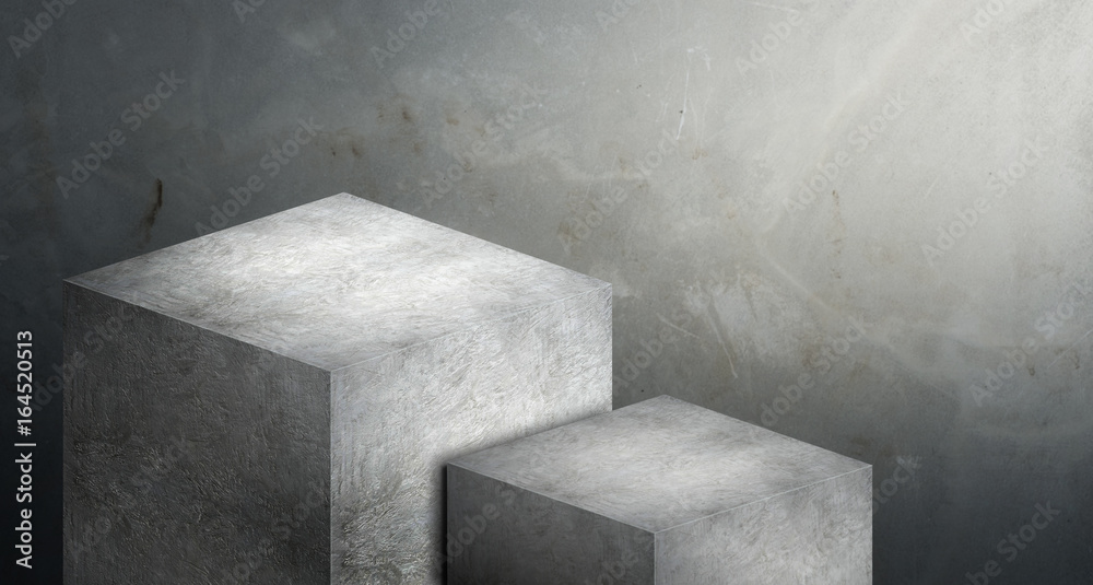 Fototapete Display stand podium made from grey concrete in two step with copy space for display of product design at blur cement background,Banner for advertise on website,Tough look for adventure ,3d rendering