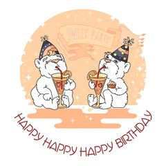 Happy Birthday card with two cute bears in party hats. 